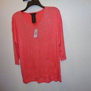 DESIGN History Coral 3/4 Sleeve Top With Bling NWT